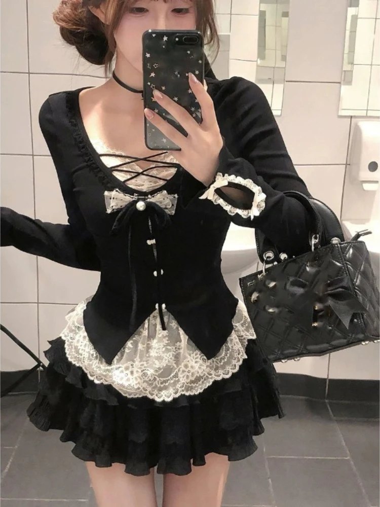 Осенний бант, сладкий искусственный черный топ из двух предметов для женщин + японские винтажные юбки с высокой талией Y2k, комплекты из двух предметов, укороченная футболка
Осенний бант, сладкий искусственный черный топ из двух предметов для женщин + японские винтажные юбки с высокой талией Y2k, комплекты из двух предметов, укороченная футболка