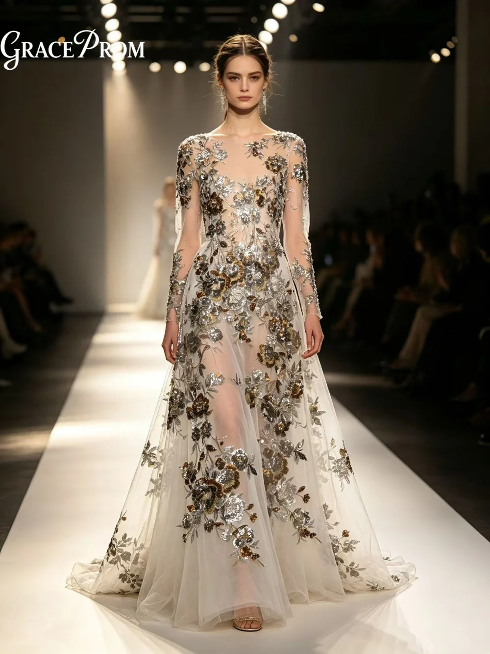Luxury Sheer Tulle Evening Gown White With Gold Silver Floral Embroidery Long Sleeve Party Dress For Wedding Guests فساتين سهرة
Luxury Sheer Tulle Evening Gown White With Gold Silver Floral Embroidery Long Sleeve Party Dress For Wedding Guests فساتين سهرة