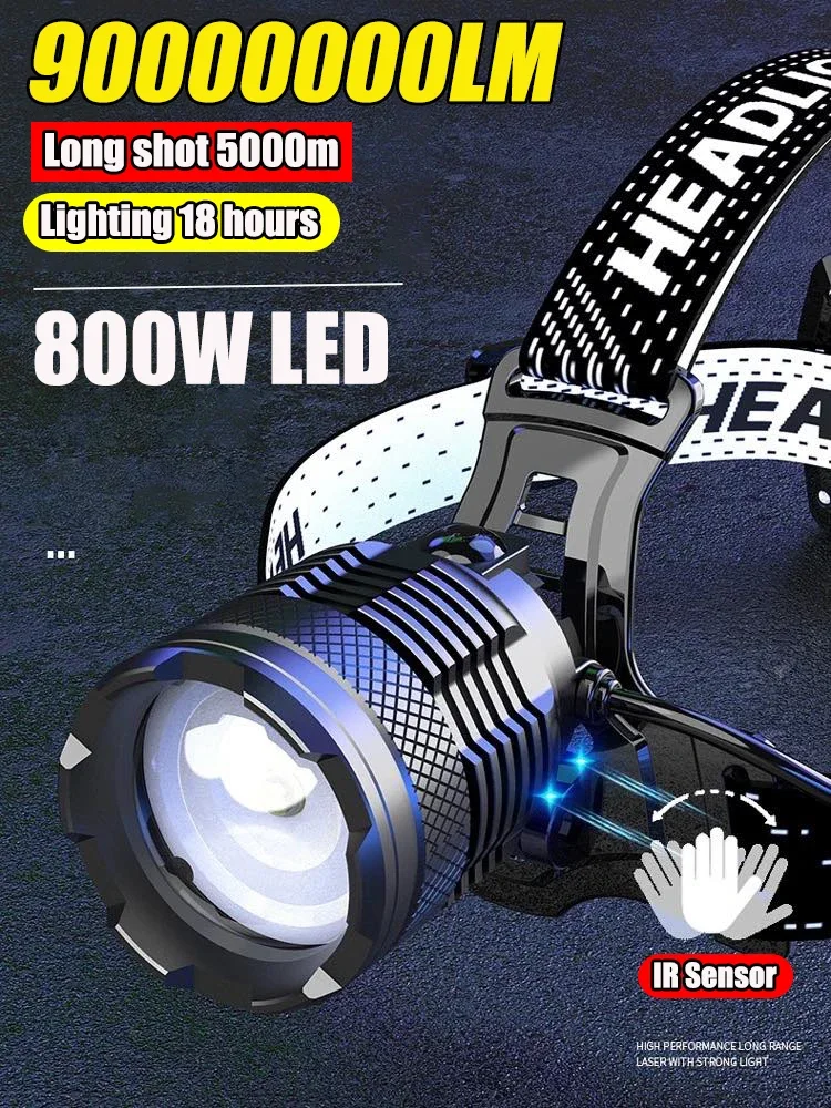 99000000LM Super Powerful Headlamp 800W IR Sensor Headlight Flashlight Zoom Waterproof Head Lamp for Camping, Hunting 5000 Meter
99000000LM Super Powerful Headlamp 800W IR Sensor Headlight Flashlight Zoom Waterproof Head Lamp for Camping, Hunting 5000 Meter