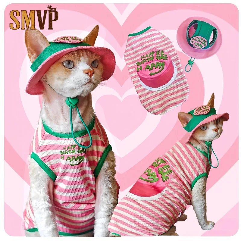 Pink and Green Striped Cat Tank Top with Sun Hat Set Summer Breathable Clothes for Small Cats Dogs Cute Birthday Style Outfit
Pink and Green Striped Cat Tank Top with Sun Hat Set Summer Breathable Clothes for Small Cats Dogs Cute Birthday Style Outfit
