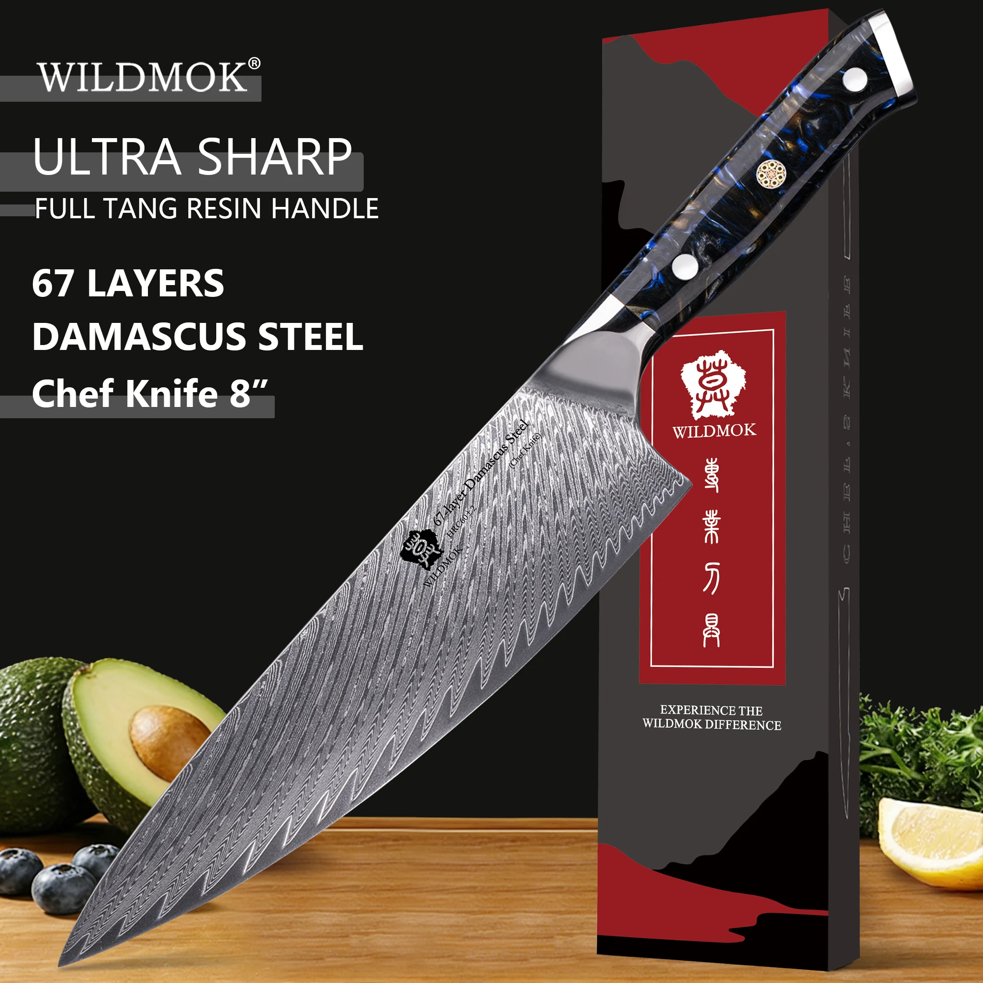 WILDMOK 8 Inch 67-Layer VG10 Damascus Chef Knife, Handmade High Carbon Steel, Black Resin Handle, Home & Restaurant
WILDMOK 8 Inch 67-Layer VG10 Damascus Chef Knife, Handmade High Carbon Steel, Black Resin Handle, Home & Restaurant