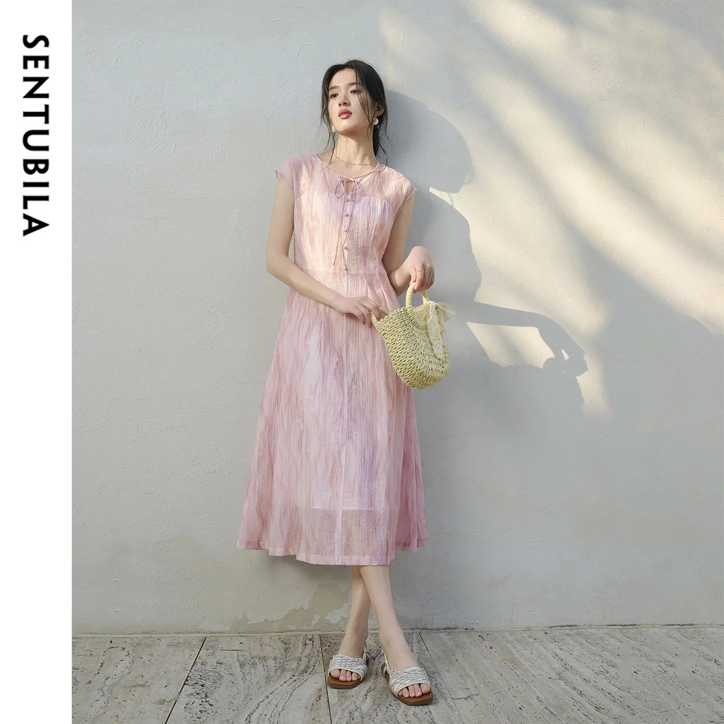 SENTUBILA Elegant Crew Neck Tie Midi Dress for Women Pink Vacation Gradient Print Ruched Waist Slim Short Sleeve Dress 162LO6382
SENTUBILA Elegant Crew Neck Tie Midi Dress for Women Pink Vacation Gradient Print Ruched Waist Slim Short Sleeve Dress 162LO6382
