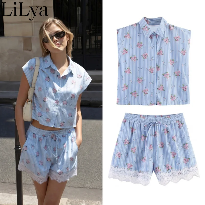 European American Style Floral Print Shorts Sets Women Sleeveless Shirt Top Chic Elastic Waist Tie Lace Shorts Summer Woman Set
European American Style Floral Print Shorts Sets Women Sleeveless Shirt Top Chic Elastic Waist Tie Lace Shorts Summer Woman Set