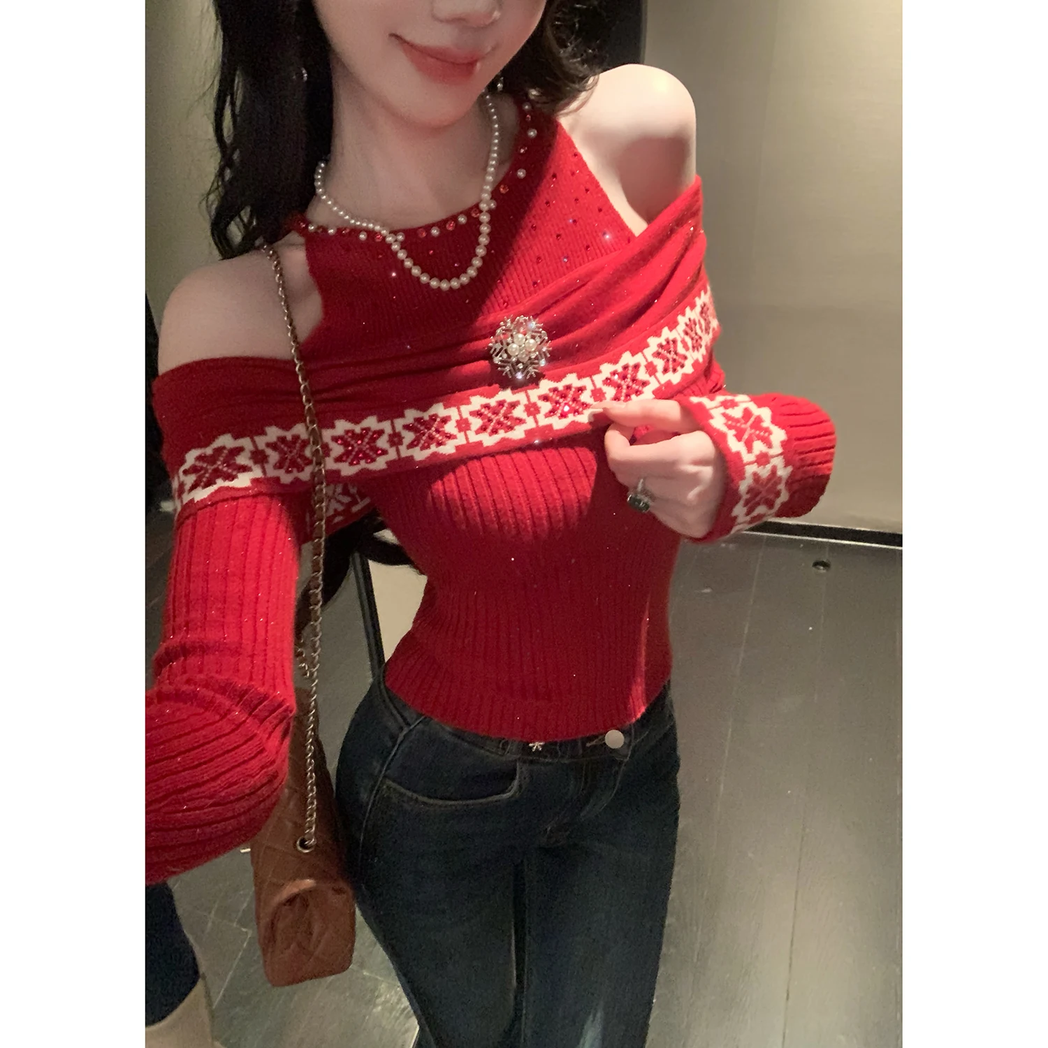 Sy Ele Fit Women's Knitted Sweater One-oulder New Year Red Design Soft Polyester Blend Long Sve Autumn Winter Top
Sy Ele Fit Women's Knitted Sweater One-oulder New Year Red Design Soft Polyester Blend Long Sve Autumn Winter Top