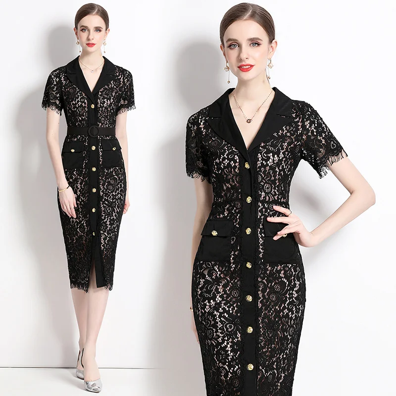 2023 New High Quality Women Lace Summer V Neck Single Breasted Belt Fashion Elegant Casual Party Holiday Evening Bodycon Dresses
2023 New High Quality Women Lace Summer V Neck Single Breasted Belt Fashion Elegant Casual Party Holiday Evening Bodycon Dresses