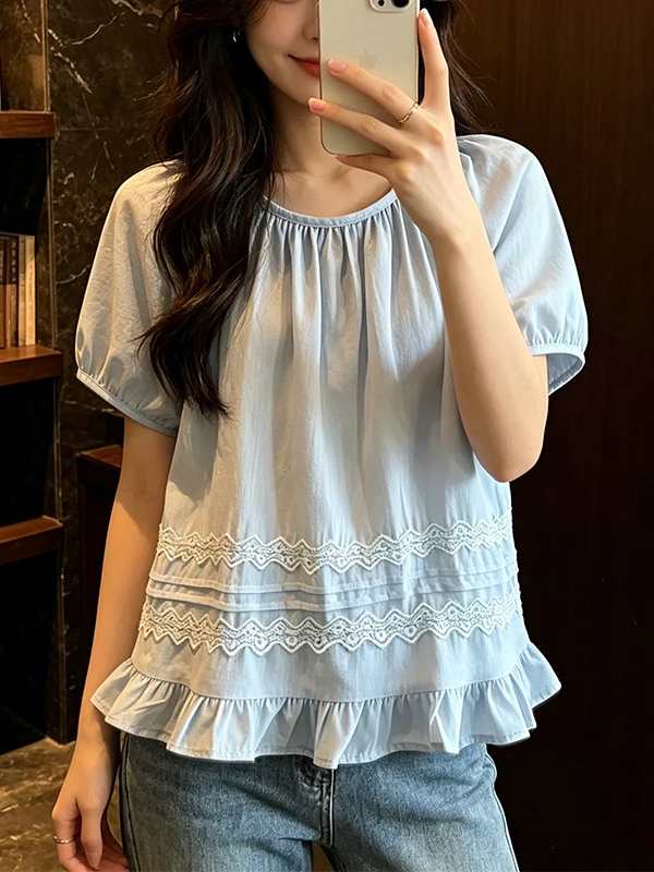 Loose round Neck Lace Splice Short Sleeve Shirt Women's Korean Style Design Summer New plus Size Blouse Floral Detail
Loose round Neck Lace Splice Short Sleeve Shirt Women's Korean Style Design Summer New plus Size Blouse Floral Detail