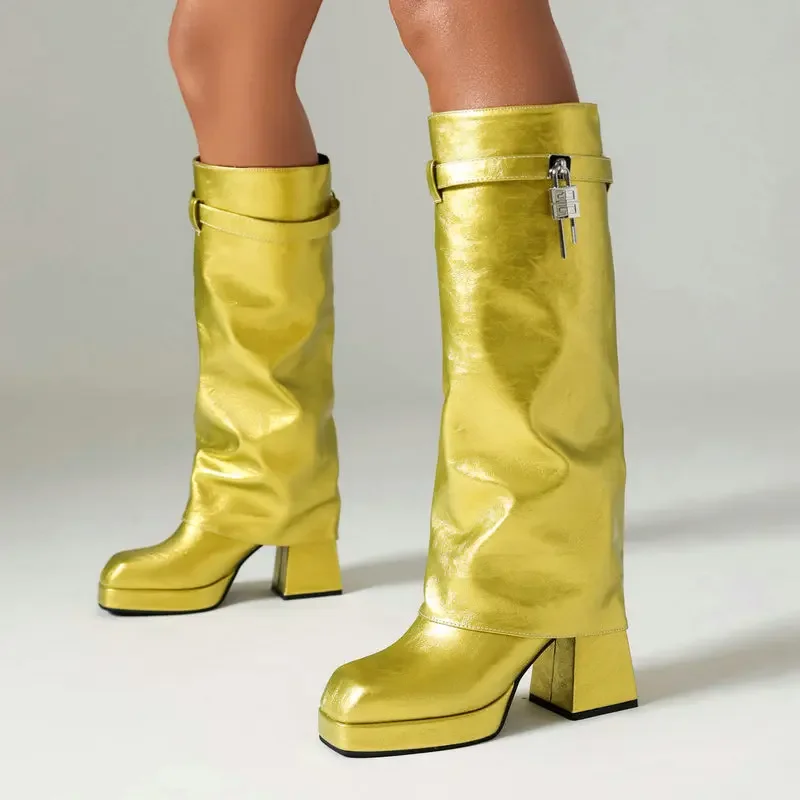 Shiny Bright Neon Yellow Orange Color Luxury Women Winter Shoes Block High Heels Folded Tube Knee-high Boots With Metal Lock
Shiny Bright Neon Yellow Orange Color Luxury Women Winter Shoes Block High Heels Folded Tube Knee-high Boots With Metal Lock