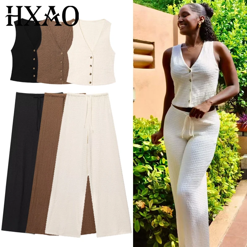 HXAO Textured Pant Sets Women's Two Pieces Set Crop V-Neck Sleeveless Vest 2 Piece Sets Woman Outfit Lace-Up Trousers Sets Suits
HXAO Textured Pant Sets Women's Two Pieces Set Crop V-Neck Sleeveless Vest 2 Piece Sets Woman Outfit Lace-Up Trousers Sets Suits