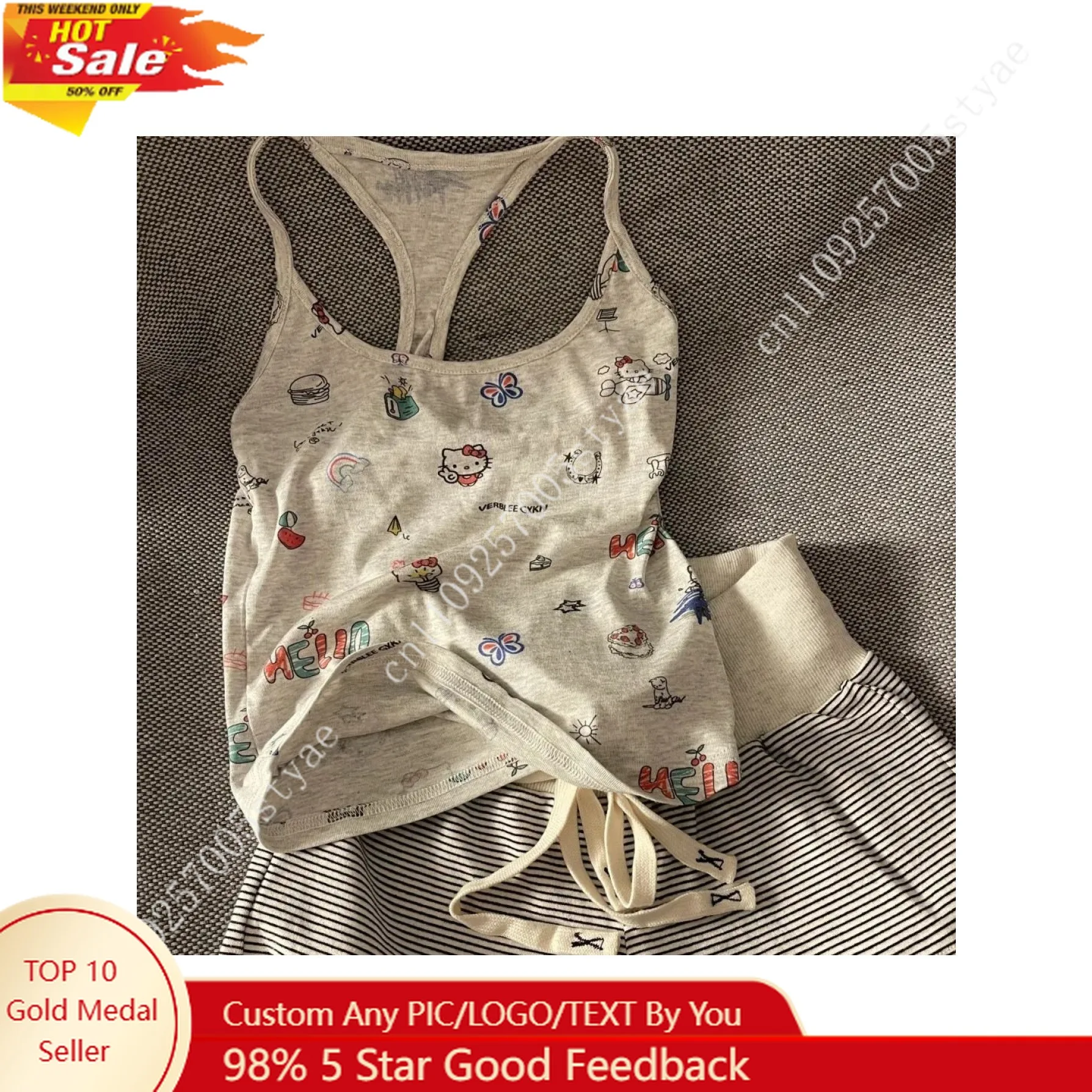 Sanrio's Hello Kitty Print Striped Tankini Sweet Home Wear Set Summer Fresh and Adorable Loose Fitting Suitable for Outdoor Wear
Sanrio's Hello Kitty Print Striped Tankini Sweet Home Wear Set Summer Fresh and Adorable Loose Fitting Suitable for Outdoor Wear