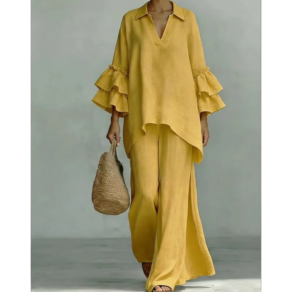 2026 Fashion Lapel Loose Women's Flare Long Sleeve Top Set Spring Autumn New Casual Retro Female Wide Leg Pants 2-piece Set
2026 Fashion Lapel Loose Women's Flare Long Sleeve Top Set Spring Autumn New Casual Retro Female Wide Leg Pants 2-piece Set