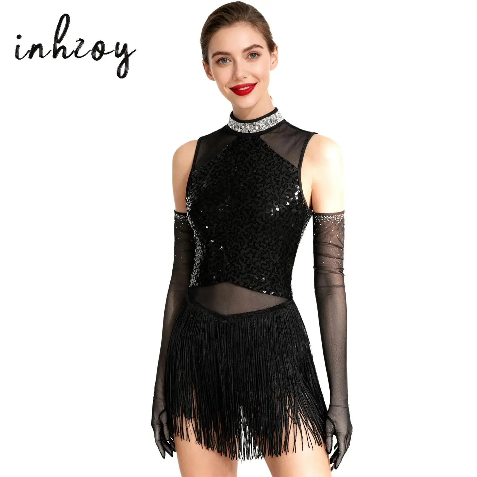 Womens Latin Tango Dance Outfit Glittery Sequin Mesh Splice Fringe Dance Leotard Dress with Gloves Rumba Cha-Cha Samba Dresses
Womens Latin Tango Dance Outfit Glittery Sequin Mesh Splice Fringe Dance Leotard Dress with Gloves Rumba Cha-Cha Samba Dresses