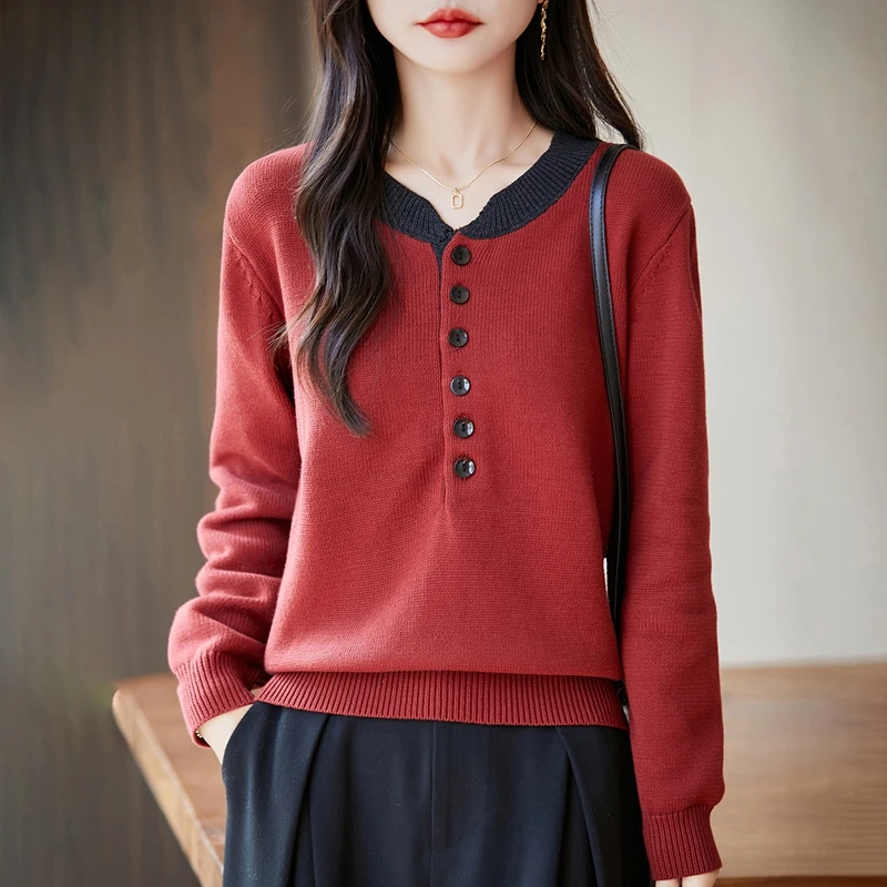 Women's 100% pure cotton sweater knitted O-neck color blocked pullover for autumn and winter loose and soft long sleeved top
Women's 100% pure cotton sweater knitted O-neck color blocked pullover for autumn and winter loose and soft long sleeved top