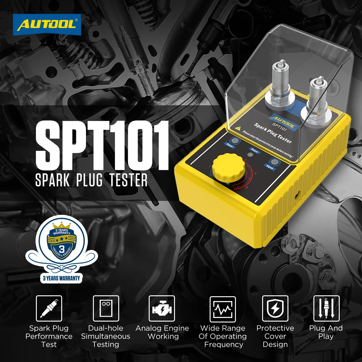 

AUTOOL SPT101 Car Motorcycle Spark Plug Tester 220V/110V Automotive Inspection Tool Double-Hole 0-6000rpm Spark Plug Analyzer
