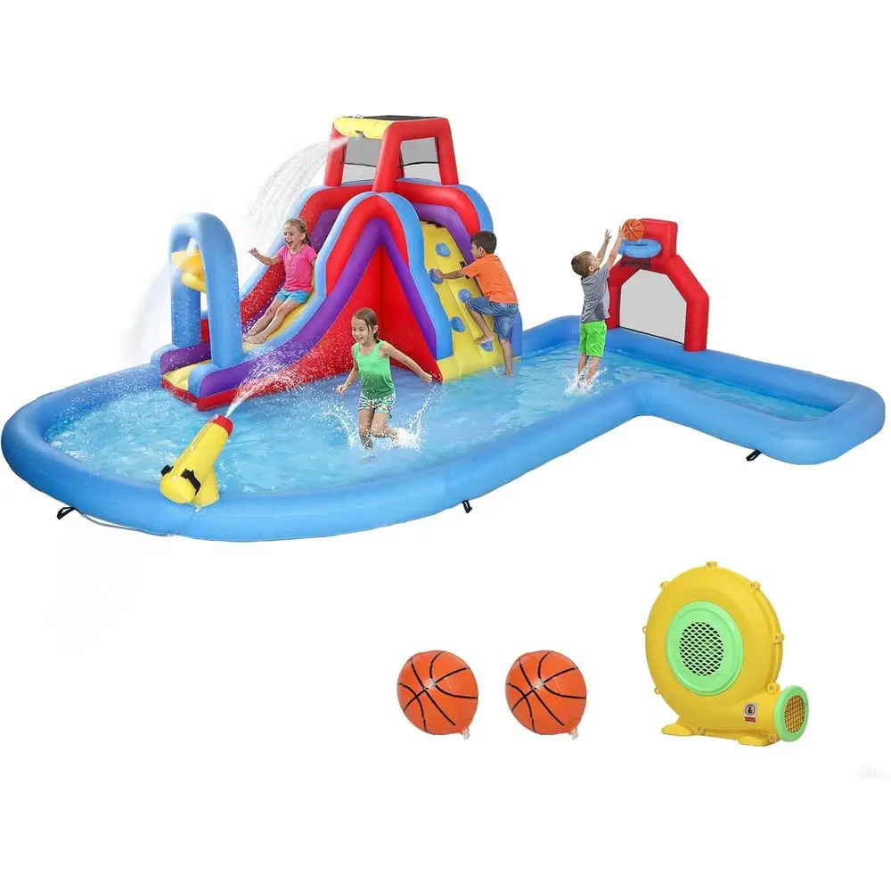 6-in-1 Inflatable Water Slide Bounce House with Blower, Outdoor Kids Play Center with Slide, Climbing Wall, Pool, Water Cannon,
6-in-1 Inflatable Water Slide Bounce House with Blower, Outdoor Kids Play Center with Slide, Climbing Wall, Pool, Water Cannon,