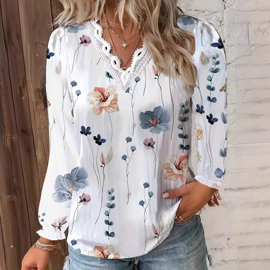 2025 European and American women's clothing autumn new long-sleeved V-neck lace splicing printed shirt shirt women
2025 European and American women's clothing autumn new long-sleeved V-neck lace splicing printed shirt shirt women