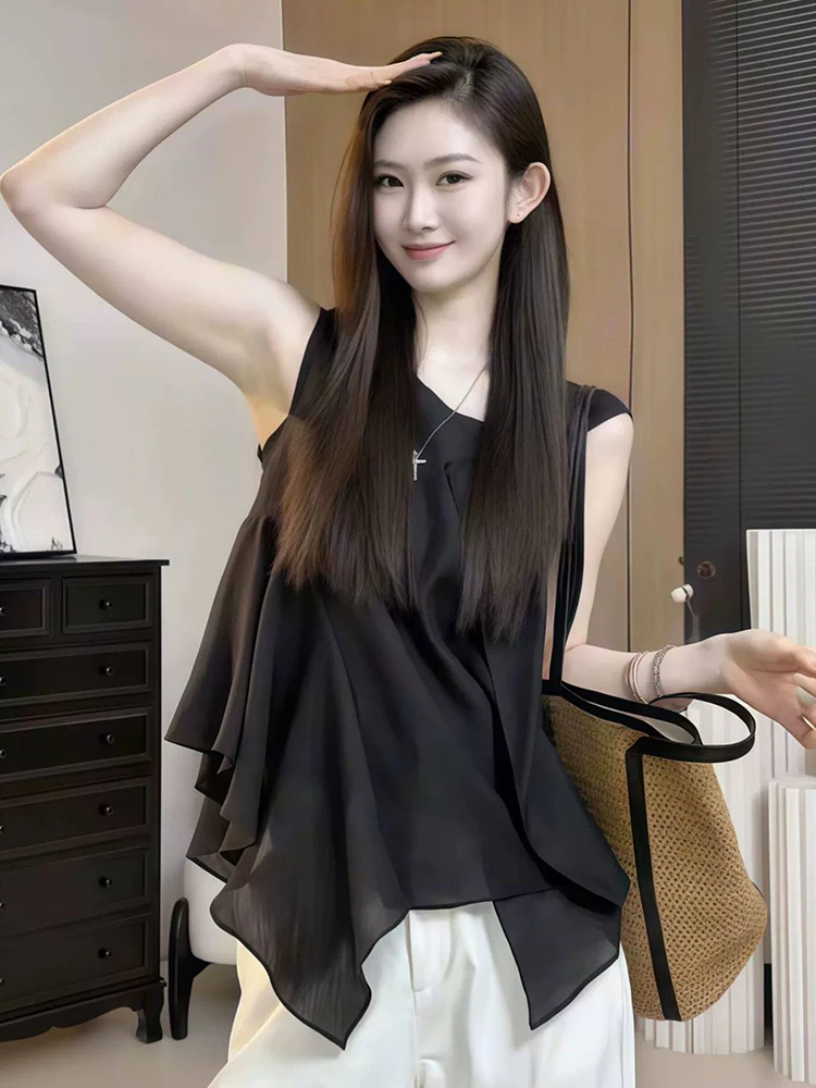 Elegant Black Asymmetrical Hem Sleeveless Shirt Women's High-End Slimming Top French Style Loose Fit Polyester Fabric Breatha...
Elegant Black Asymmetrical Hem Sleeveless Shirt Women's High-End Slimming Top French Style Loose Fit Polyester Fabric Breatha...