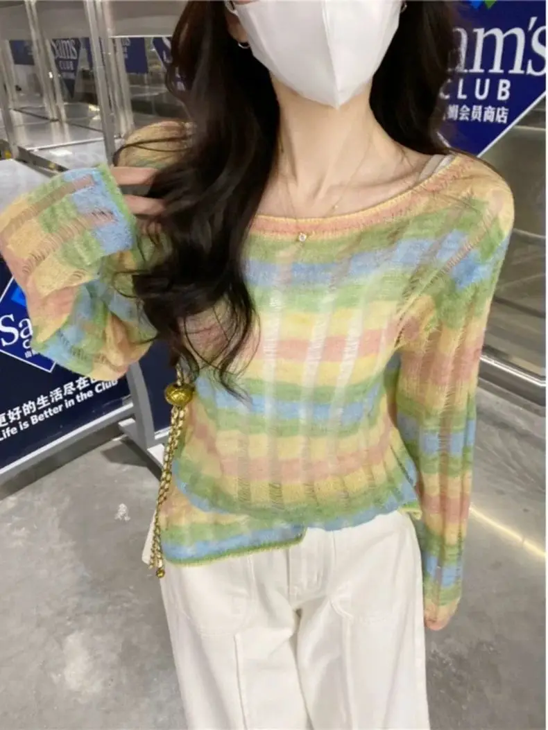 Spring Wear Dopamine Hollow Rainbow Striped Sweater Women's Blouse Short Long-sleeved Top
Spring Wear Dopamine Hollow Rainbow Striped Sweater Women's Blouse Short Long-sleeved Top