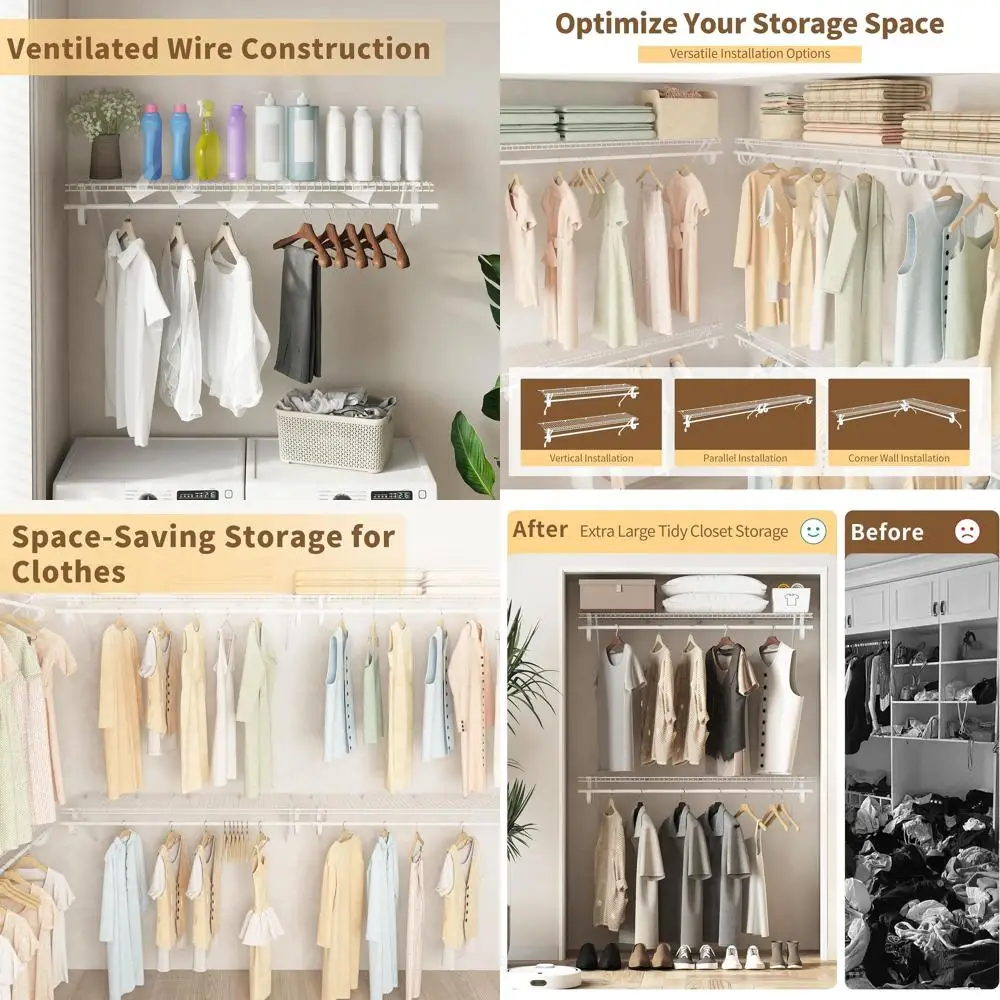 Набор из 2 белых настенных полок для шкафа с перекладиной для вешалок, 1,22 м x 30,5 см, проволочный комплект для хранения для домашней кладовой и прачечной
Набор из 2 белых настенных полок для шкафа с перекладиной для вешалок, 1,22 м x 30,5 см, проволочный комплект для хранения для домашней кладовой и прачечной