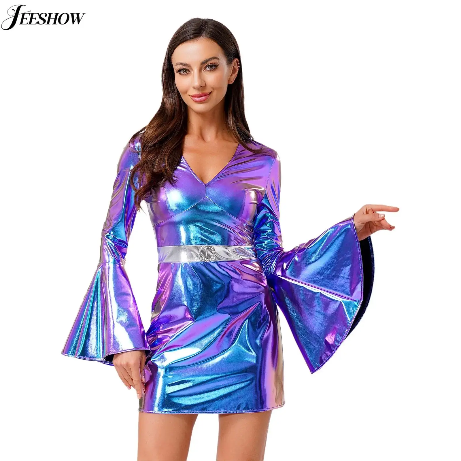 Womens Retro 70s Disco Costume Shiny Metallic V Neck Long Flared Sleeve Bodycon Mini Dress Rave Dance Party Outfits Short Dress
Womens Retro 70s Disco Costume Shiny Metallic V Neck Long Flared Sleeve Bodycon Mini Dress Rave Dance Party Outfits Short Dress