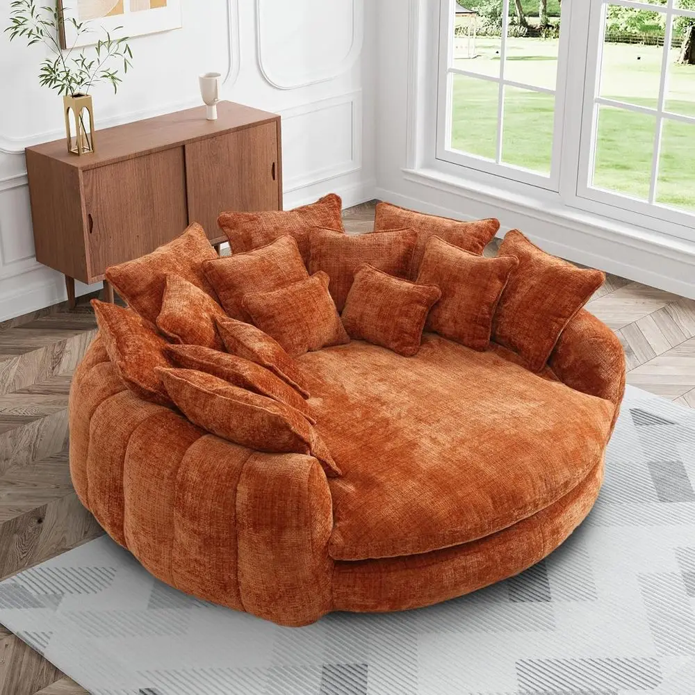 Oversized Round Chaise Lounge with 14 Pillows, Chenille Upholstered Barrel Sleeper Bed, Deep Seat Cloud Couch for Living Room, O
Oversized Round Chaise Lounge with 14 Pillows, Chenille Upholstered Barrel Sleeper Bed, Deep Seat Cloud Couch for Living Room, O