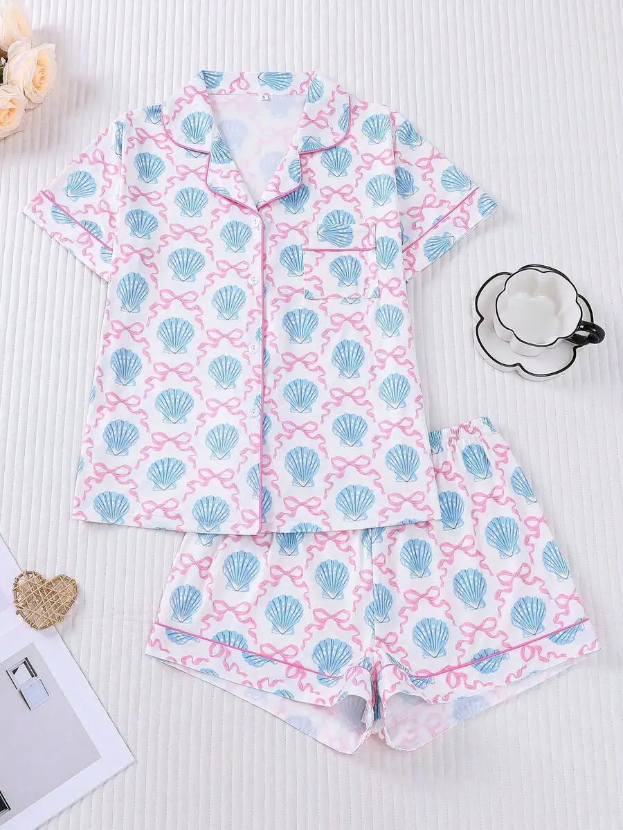 Women 2Pcs Sleepwear Set Cute Shell Print Collar Short Sleeve Top Elastic Waist Shorts Soft Casual Home Holiday Daily Outfit
Women 2Pcs Sleepwear Set Cute Shell Print Collar Short Sleeve Top Elastic Waist Shorts Soft Casual Home Holiday Daily Outfit