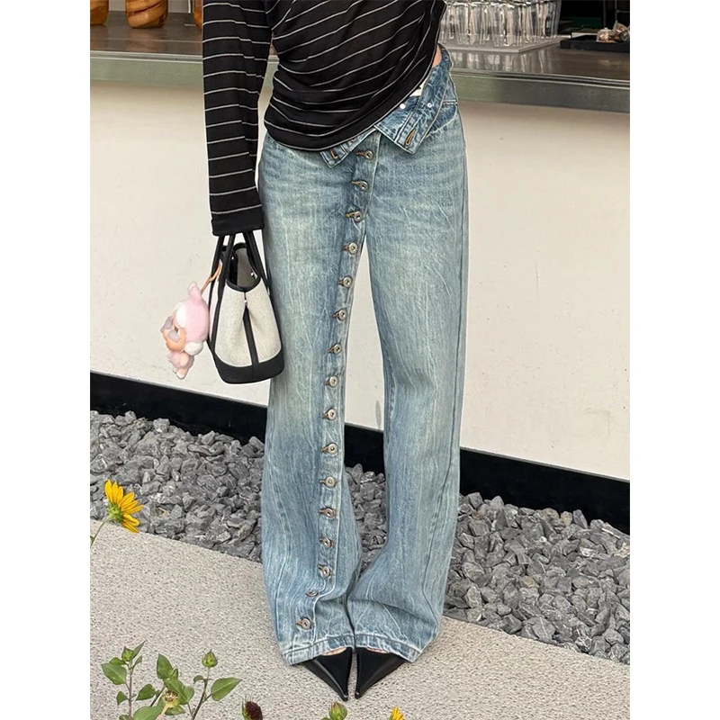 2026 American Retro Plus Size Distressed Washed Diagonal Button Jeans Women's Spicy Design Casual Floor Pants
2026 American Retro Plus Size Distressed Washed Diagonal Button Jeans Women's Spicy Design Casual Floor Pants