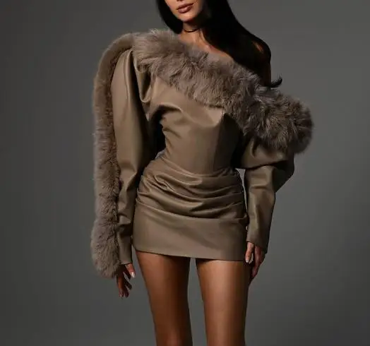 Womens Dresses 2026 Spring Autumn New Solid Color Slanted Shoulder Fur Leather Patchwork Sexy Slim Fit Ruched Hip Hugging Dress
Womens Dresses 2026 Spring Autumn New Solid Color Slanted Shoulder Fur Leather Patchwork Sexy Slim Fit Ruched Hip Hugging Dress