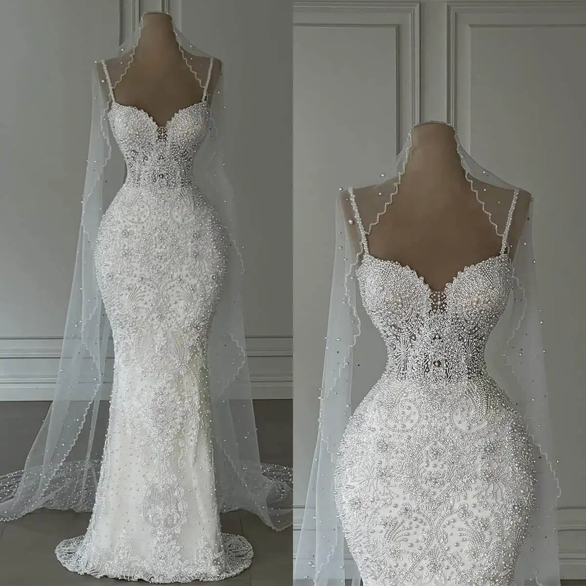 Elegant Mermaid Wedding Dresses For Women Spaghetti Strapless Sweetheart Bridal Gown Sequins Pearls Customized Dress
Elegant Mermaid Wedding Dresses For Women Spaghetti Strapless Sweetheart Bridal Gown Sequins Pearls Customized Dress