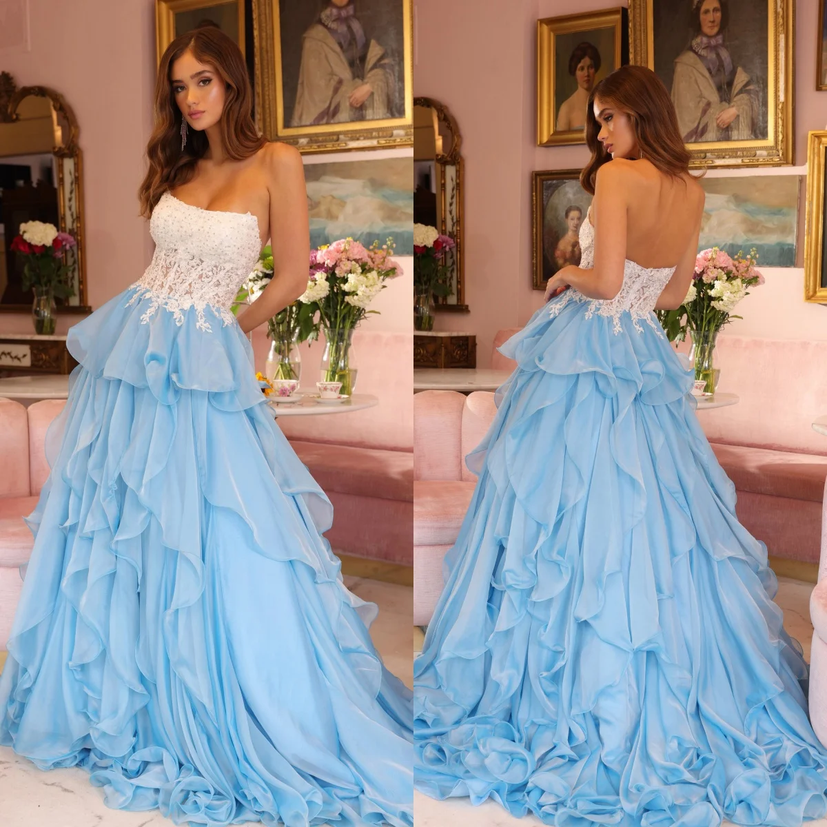 Romantic Blue Prom Dresses Lace Tiered Ruffles Chiffon Evening Dresses Sleeveless Sweep Train Customized Wedding Guest Gowns
Romantic Blue Prom Dresses Lace Tiered Ruffles Chiffon Evening Dresses Sleeveless Sweep Train Customized Wedding Guest Gowns