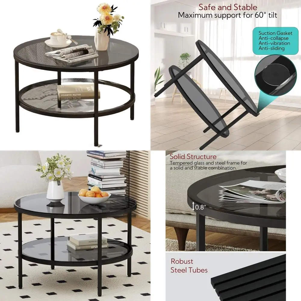 Modern 26 Light Black Glass 2-Tier Round Coffee Table with Storage for Living Room and Small Spaces
Modern 26 Light Black Glass 2-Tier Round Coffee Table with Storage for Living Room and Small Spaces