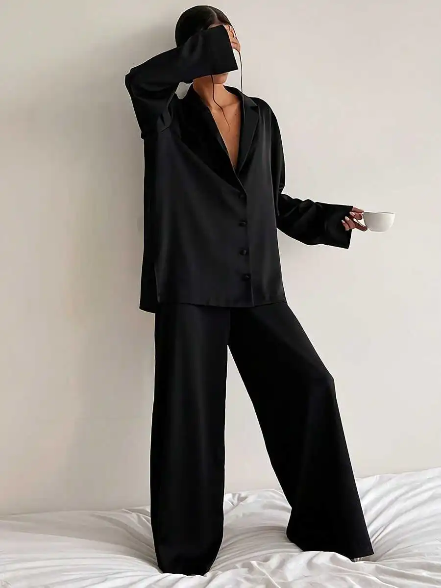 Womens Satin 2-Piece Pajama Set Long Sleeve Deep V-Neck Wide Leg Sleepwear
Womens Satin 2-Piece Pajama Set Long Sleeve Deep V-Neck Wide Leg Sleepwear