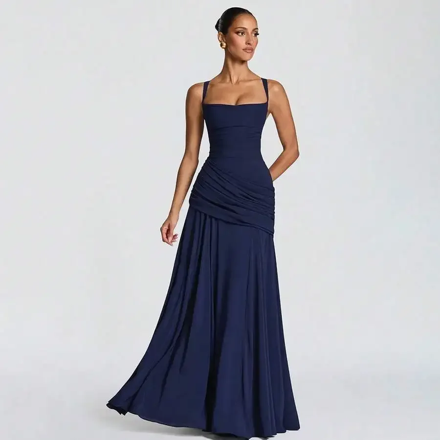 Blue Square Neck Maxi Dress With Thin Straps, Ruched Bodice, Flowing Skirt, And Open Back For Formal Evening Wear
Blue Square Neck Maxi Dress With Thin Straps, Ruched Bodice, Flowing Skirt, And Open Back For Formal Evening Wear