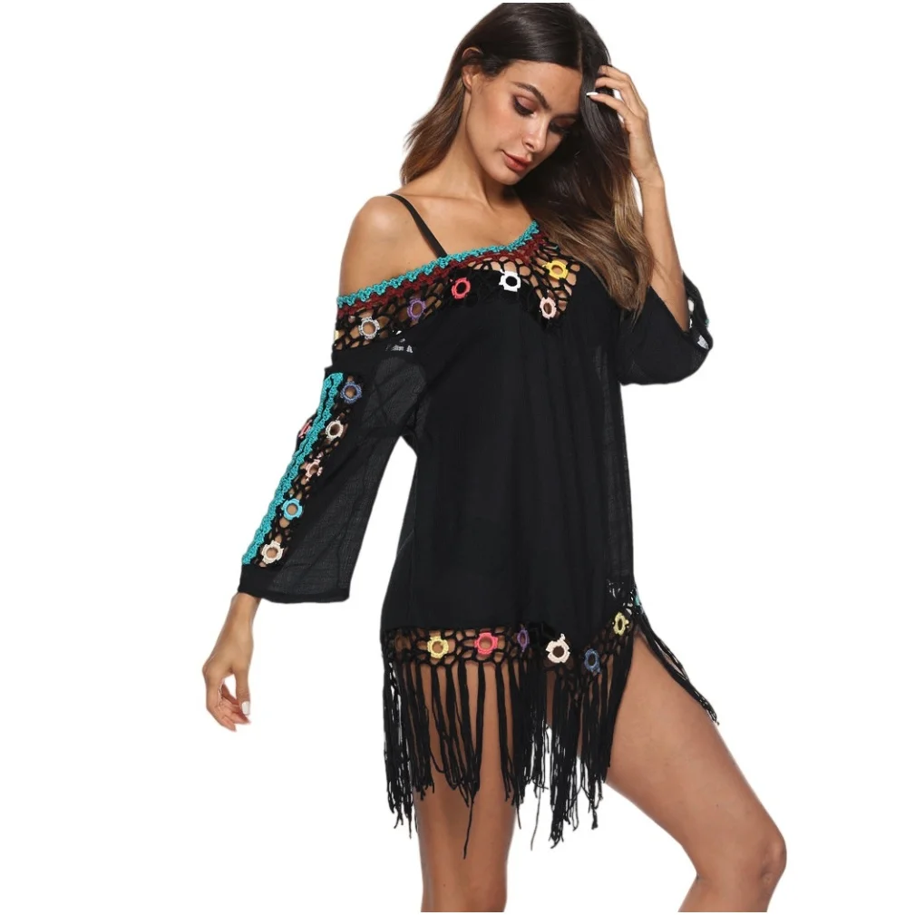 Women's Boho Beach Cover-Up With Tassel Hem - Sexy Crochet V-Neck Beach Dress Summer Sun Swimwear Tunic
Women's Boho Beach Cover-Up With Tassel Hem - Sexy Crochet V-Neck Beach Dress Summer Sun Swimwear Tunic