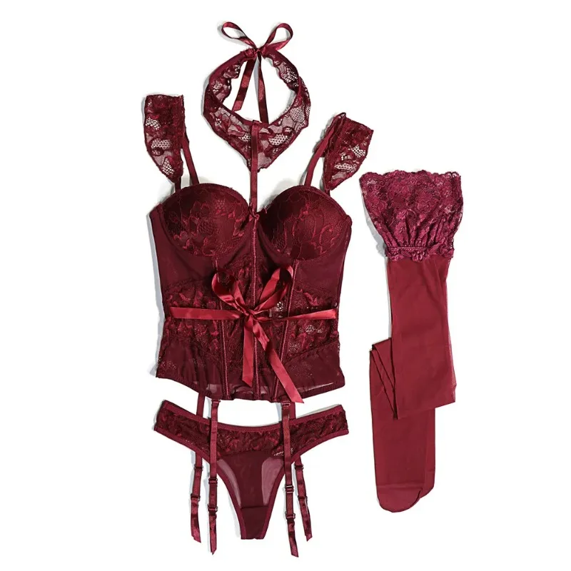 Sexy Lace Corset Body Shapewear Set Women Bustier with Suspenders Stockings Choker 4pcs Body Shapers Lingerie
Sexy Lace Corset Body Shapewear Set Women Bustier with Suspenders Stockings Choker 4pcs Body Shapers Lingerie