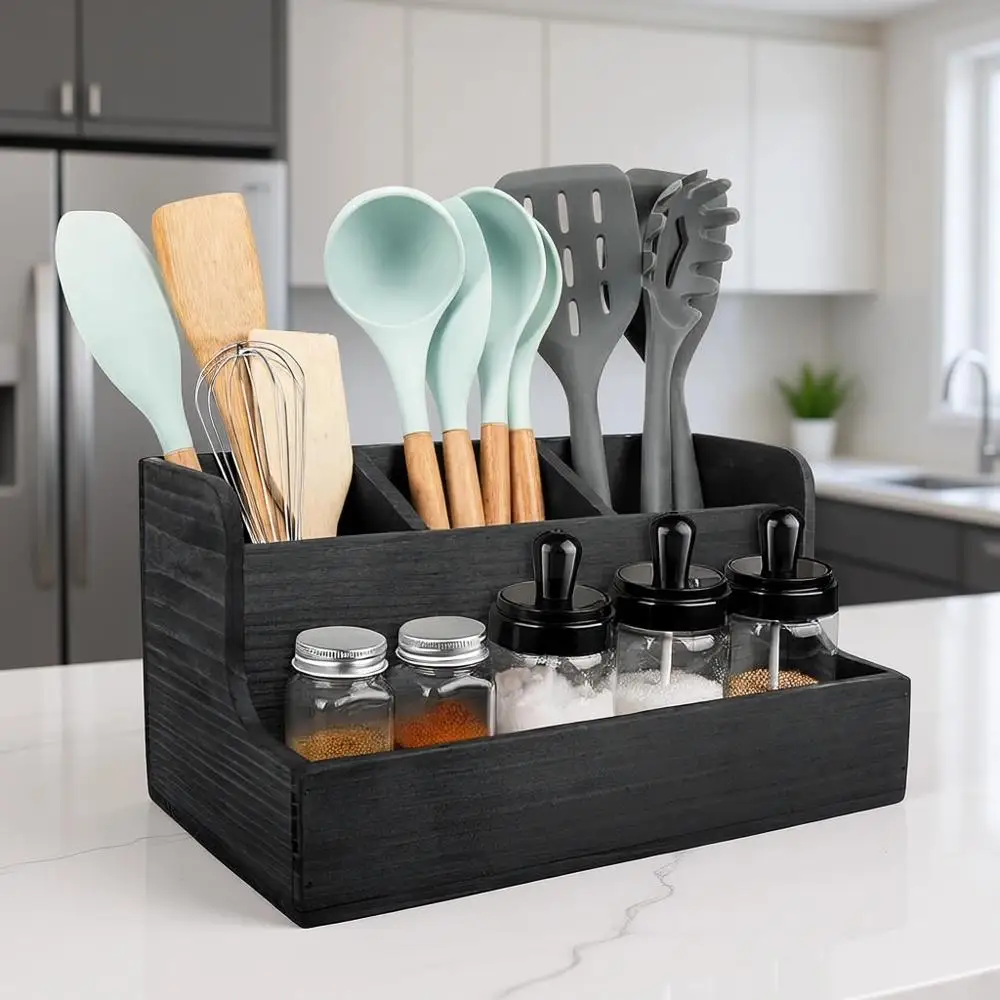 Extra Large Kitchen Utensil Holder with 4 Compartments, Wooden Organizer for Countertop and Spice Storage (Black)
Extra Large Kitchen Utensil Holder with 4 Compartments, Wooden Organizer for Countertop and Spice Storage (Black)