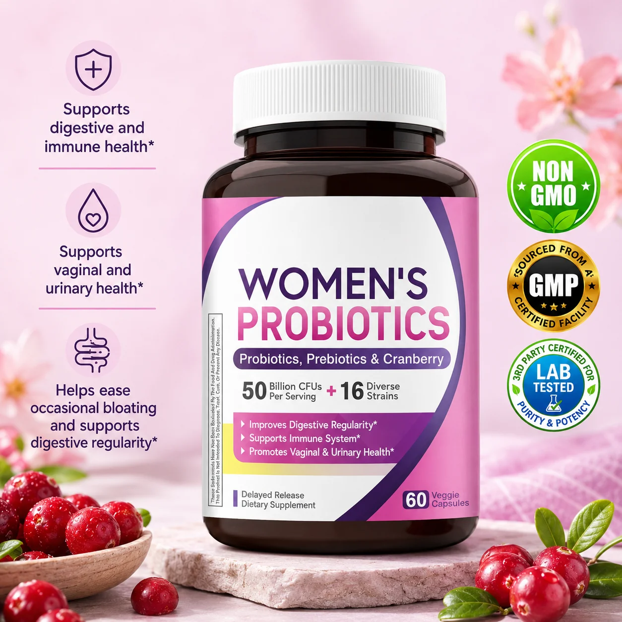 Women’s Daily Probiotic Supplement 50 Billion CFU 16 Strains with Cranberry & Prebiotic Fiber No Soy 60 Count Per Bottle
Women’s Daily Probiotic Supplement 50 Billion CFU 16 Strains with Cranberry & Prebiotic Fiber No Soy 60 Count Per Bottle