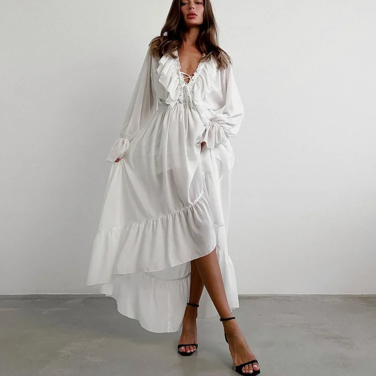 2026 new drawstring V-neck flared sleeve chiffon dress asymmetrical design white casual long A-shaped skirt
2026 new drawstring V-neck flared sleeve chiffon dress asymmetrical design white casual long A-shaped skirt