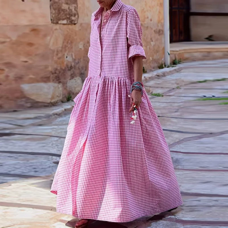 Freeacy Women Floor Length Dress Lapel Long Sleeves Plaid Shirt Dress Split-Joint Loose Pleated Holiday Dresses for Female
Freeacy Women Floor Length Dress Lapel Long Sleeves Plaid Shirt Dress Split-Joint Loose Pleated Holiday Dresses for Female