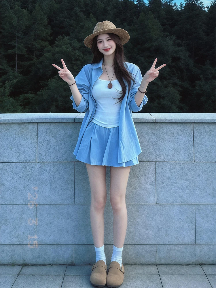 Blue Shirt White Inner Wear Short Skirt Pants Three Piece Set Summer New Style plus Size Women's Fashion Korean High Waist
Blue Shirt White Inner Wear Short Skirt Pants Three Piece Set Summer New Style plus Size Women's Fashion Korean High Waist