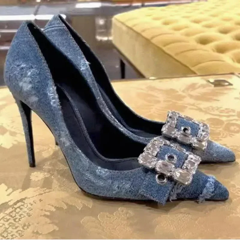 Super Bling Gemstone Square Buckle Blue Denim Pumps Crystal Buckle Eyelet Belt Jeans High Heels Pointed Toe Shoes Zapatos Woman
Super Bling Gemstone Square Buckle Blue Denim Pumps Crystal Buckle Eyelet Belt Jeans High Heels Pointed Toe Shoes Zapatos Woman
