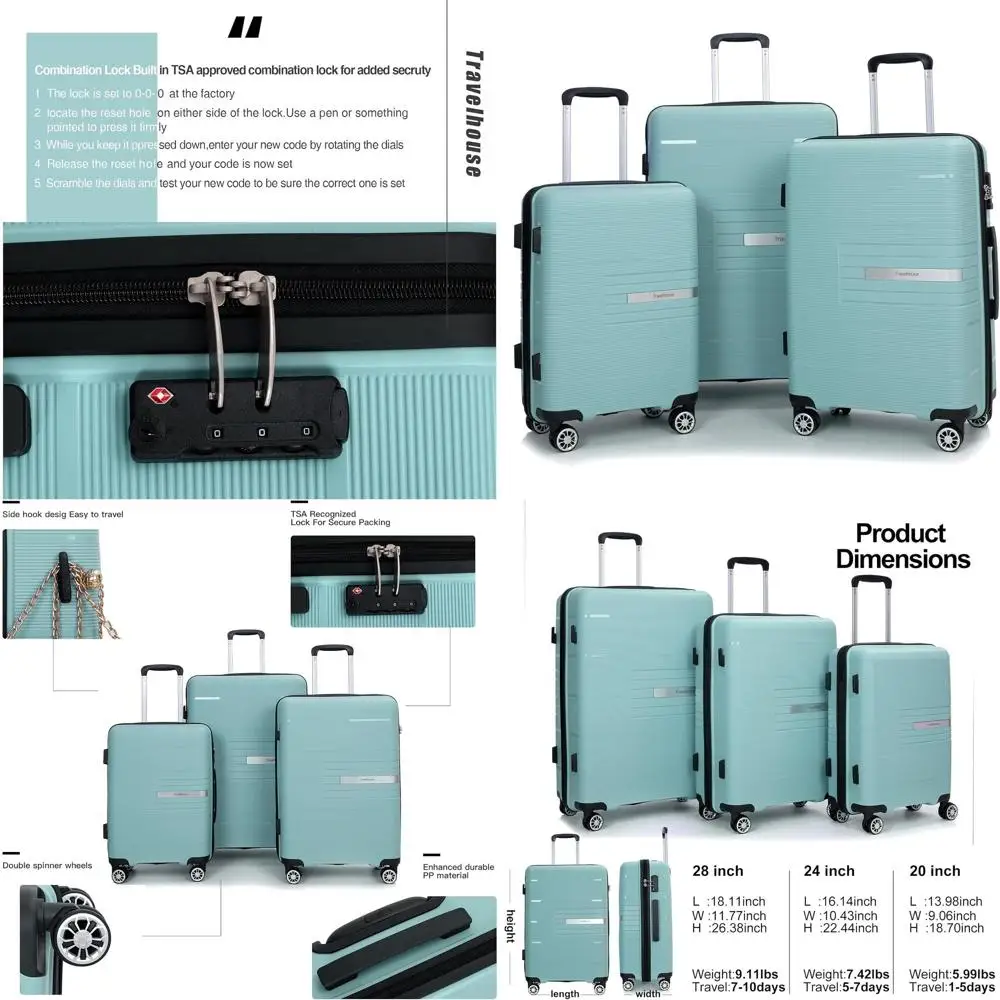 Light Green 3-Piece Spinner Luggage Set with TSA Lock: Carry-On, Medium, and Large
Light Green 3-Piece Spinner Luggage Set with TSA Lock: Carry-On, Medium, and Large