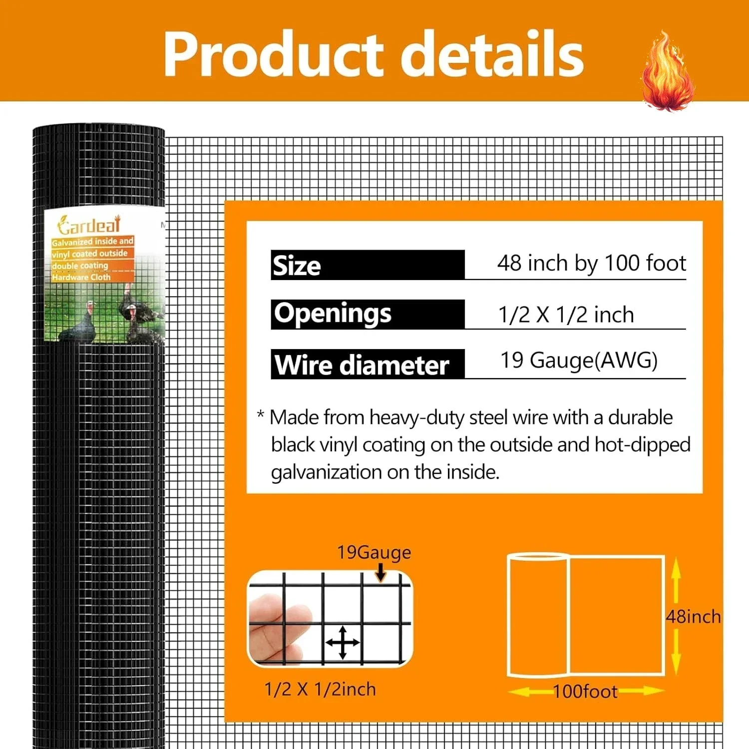 Black 19 Gauge 1/2 Inch Hardware Cloth - Vinyl Coated Welded Wire Mesh Roll - Duty Rust Proof Fencing for Gardens, Poultry
Black 19 Gauge 1/2 Inch Hardware Cloth - Vinyl Coated Welded Wire Mesh Roll - Duty Rust Proof Fencing for Gardens, Poultry