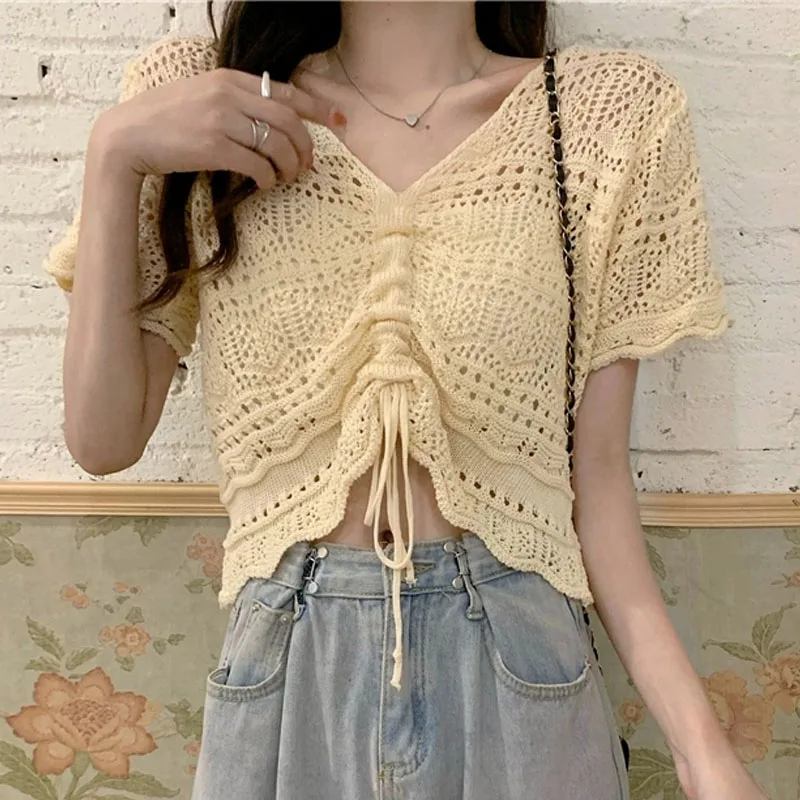 Women Clothing Knitted Sweater Women Pullovers New Short Sleeve Hollow Out Pleated Knit Sweater Pullover Women Tops V-Neck Q4426
Women Clothing Knitted Sweater Women Pullovers New Short Sleeve Hollow Out Pleated Knit Sweater Pullover Women Tops V-Neck Q4426