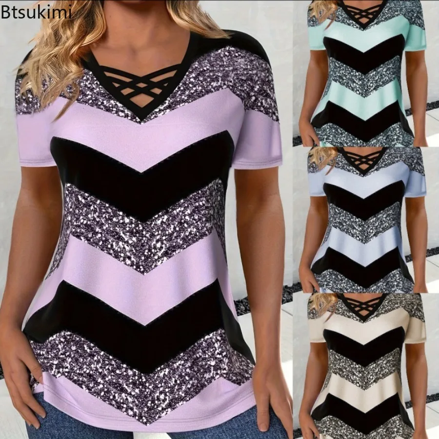 2025 New Women's Summer Fashion Short Sleeve Casual T-shirt Stripe Colorblock Design V-neck Pullover Tees Elegant Women Tops
2025 New Women's Summer Fashion Short Sleeve Casual T-shirt Stripe Colorblock Design V-neck Pullover Tees Elegant Women Tops