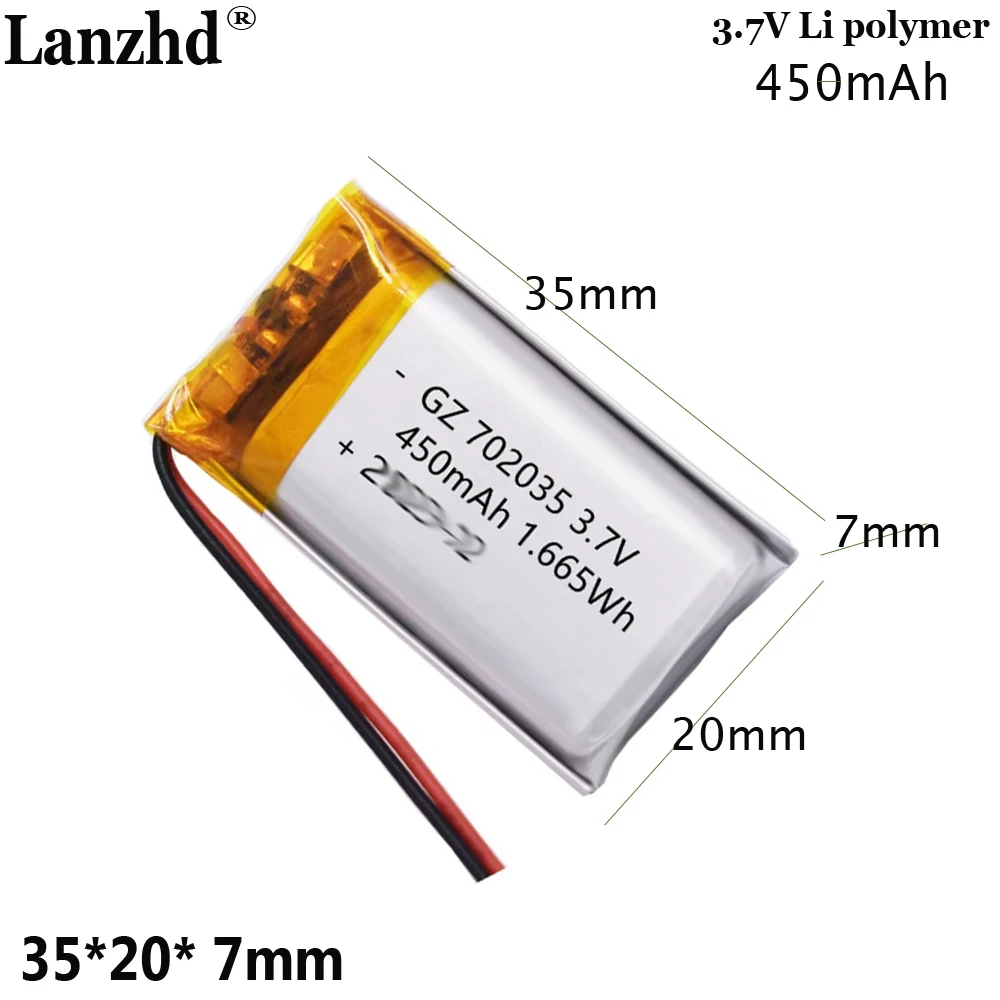 3.7V li battery 450mah 702035 For beauty device headphones Digital electronic electronic scale translator point reading pen
3.7V li battery 450mah 702035 For beauty device headphones Digital electronic electronic scale translator point reading pen