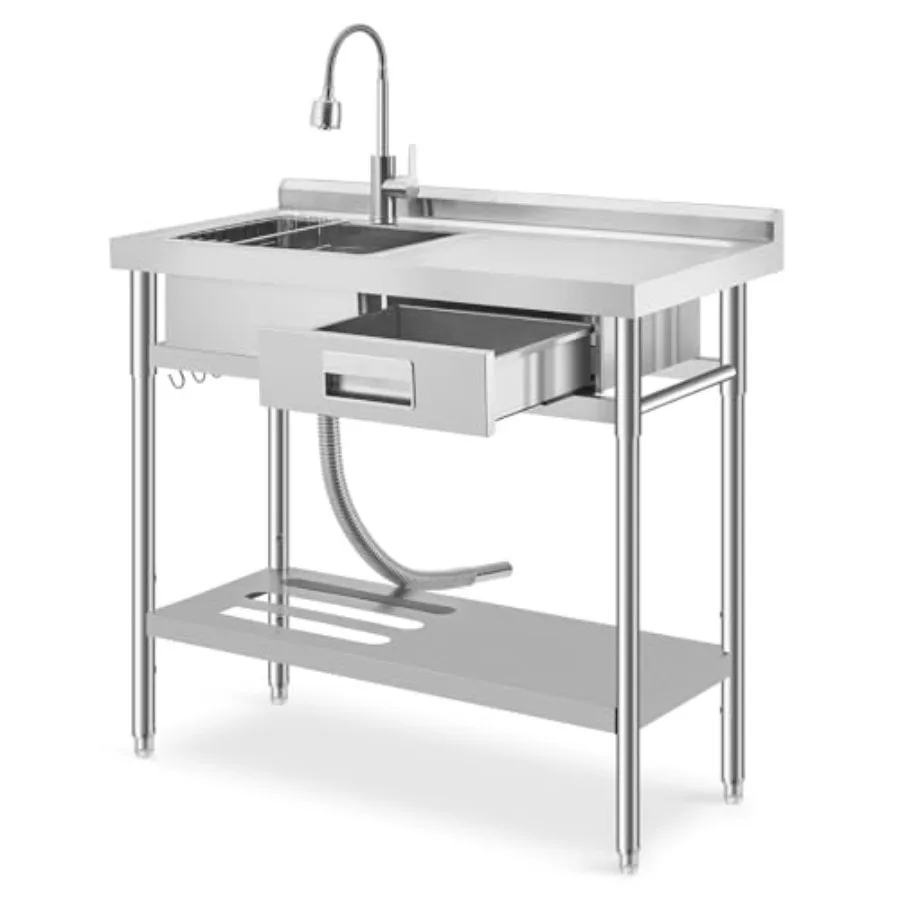 Stainless Steel Utility Sink, Commercial Kitchen Sink, Freestanding Single Bowl Laundry Sink with Workbench, Drawer, Hot Cold P
Stainless Steel Utility Sink, Commercial Kitchen Sink, Freestanding Single Bowl Laundry Sink with Workbench, Drawer, Hot Cold P