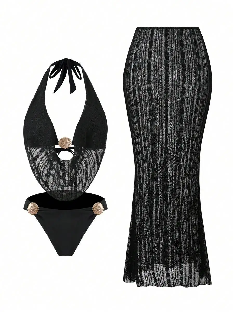 Womens Lace Halter Swimsuit With Maxi Skirt Set Shell Decor
Womens Lace Halter Swimsuit With Maxi Skirt Set Shell Decor