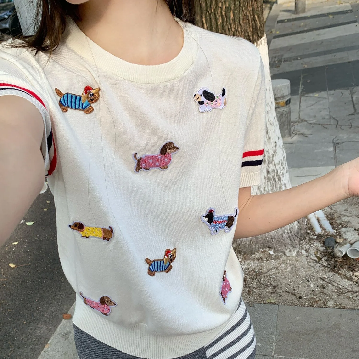 Elegant Knitted Short Sleeve T-Shirt with Embroidered 3D Dog Design for Women Summer College Style Cotton Blend Top
Elegant Knitted Short Sleeve T-Shirt with Embroidered 3D Dog Design for Women Summer College Style Cotton Blend Top