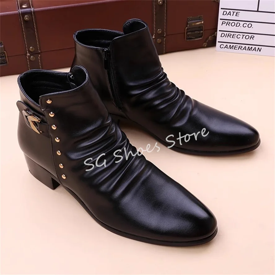 Punk Rivet Black Pleated Leather Chelsea Boots for Men Round Toe Chunky Heel Ankle Boots Male Business Office Dress Shoes
Punk Rivet Black Pleated Leather Chelsea Boots for Men Round Toe Chunky Heel Ankle Boots Male Business Office Dress Shoes