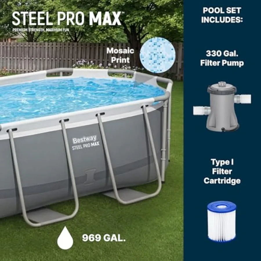 10' x 6'7' x 33' Oval Above Ground Swimming Pool Set, 330 GPH Filter Pump, Tritech Puncture Resistant Liner, ClickConnect Steel
10' x 6'7' x 33' Oval Above Ground Swimming Pool Set, 330 GPH Filter Pump, Tritech Puncture Resistant Liner, ClickConnect Steel